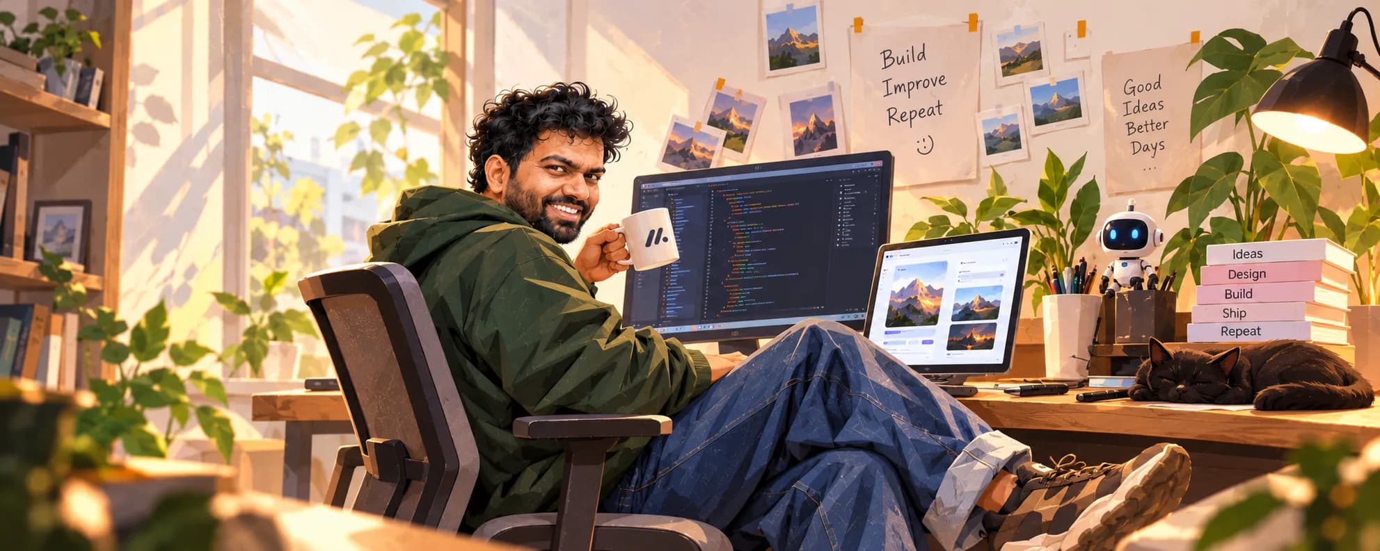 Akhil working on a new idea in his creative workspace.