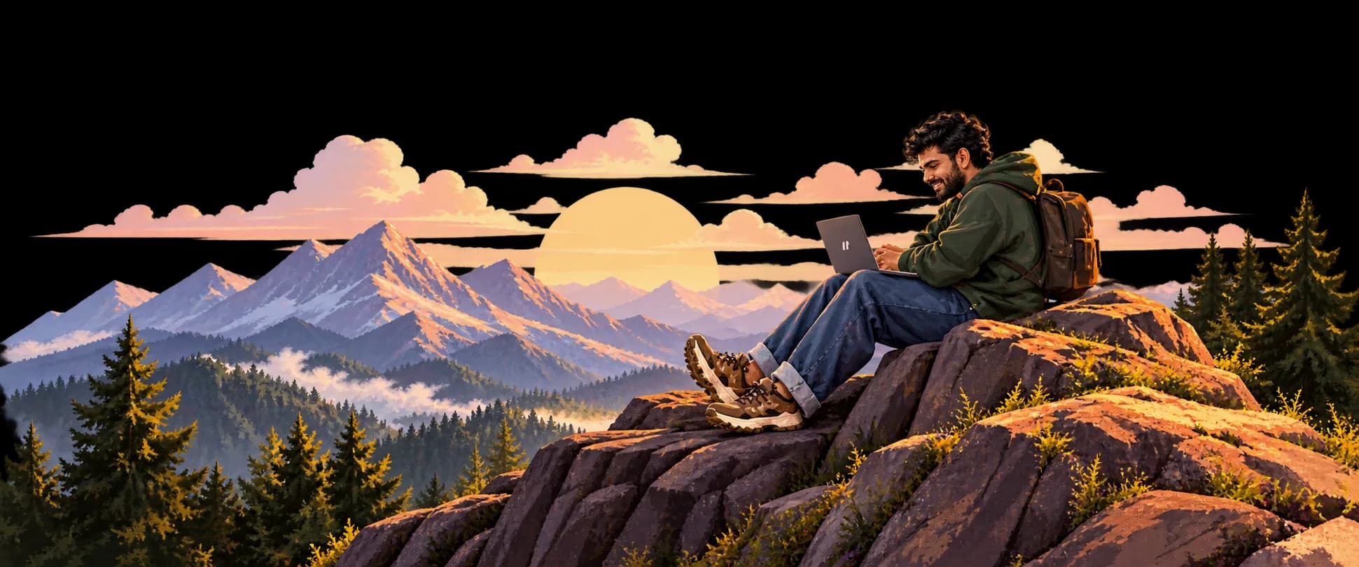 Akhil working on a laptop on a mountain ridge at sunrise.