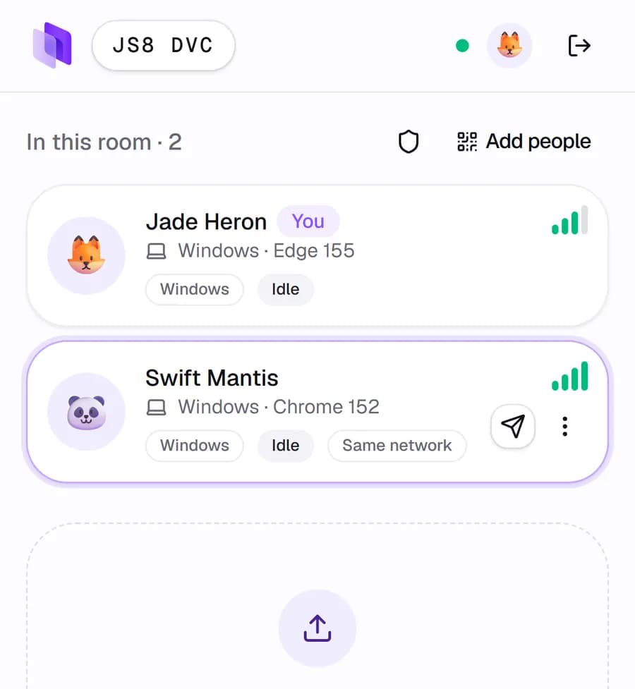 The Dropintab home page with nearby devices and a private room option